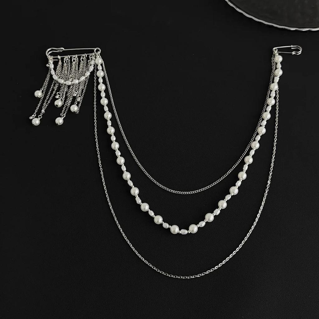 Personalized Chic Style Imitation Pearl Chain Tassel Brooches for Women Fashion Light Luxury Pearl Bead Brooch Suit Pin Accessor