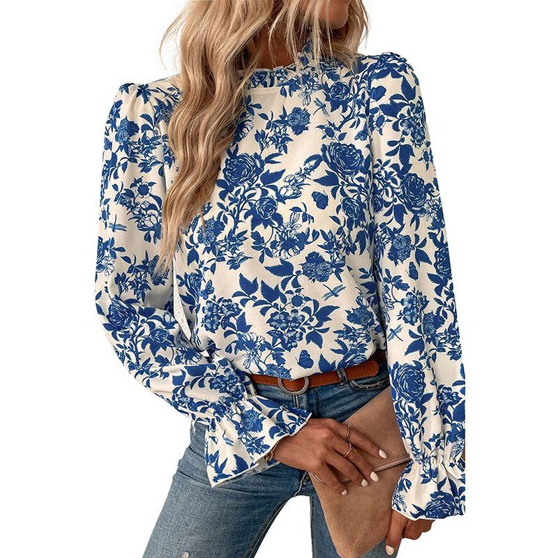 

Fashion Retro Fancy Florals Print Chiffon Shirt for Women 2025 Fall New Arrival Work Clothing All-Matching Long Sleeve Top Women Light Blue Size XL fit (70.00 kg-75.00 kg