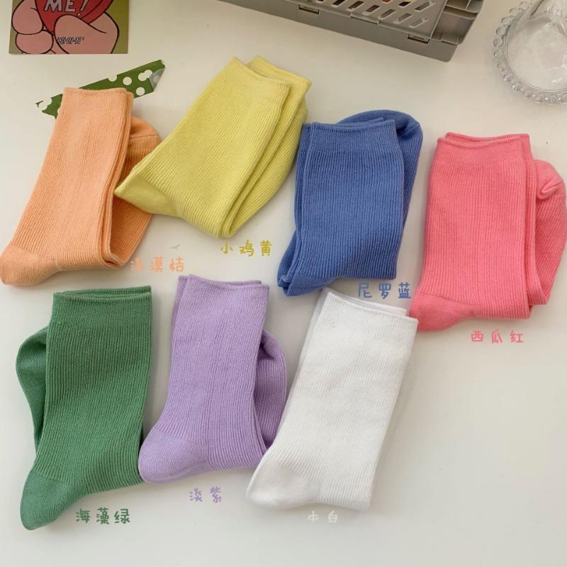 Bomull Ensfarvede Sokker for Kvinner, Høst Tynne Tynne Stripete Frotte-sokker for Kvinner, Midt-legg Sokker