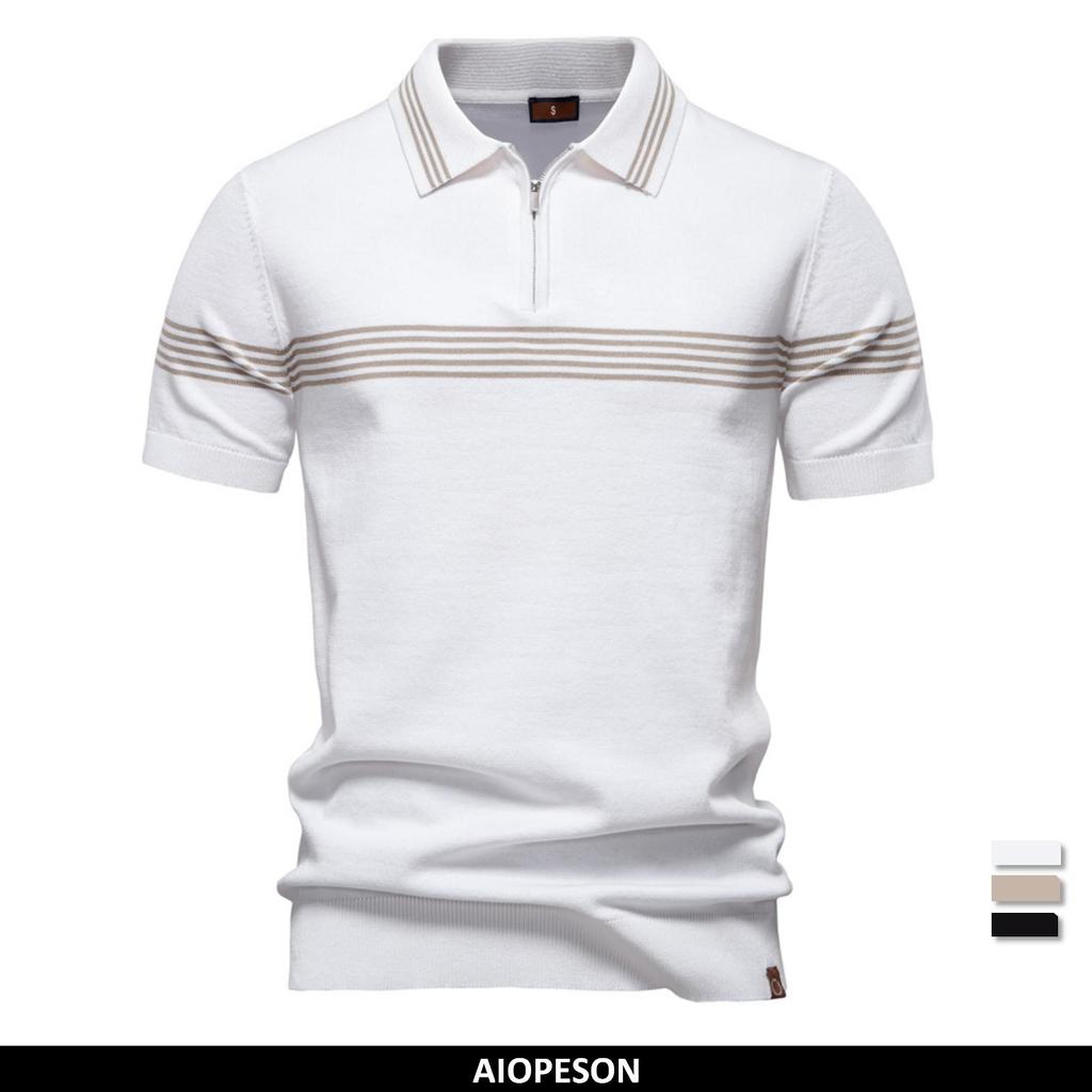 Men Striped Business Casual Polo Shirts Breathable Short Sleeve Comfort Summer Knitted Polo Men