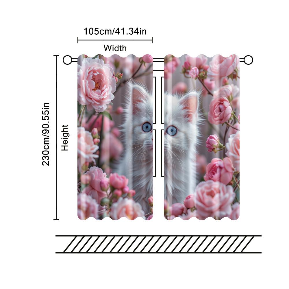 2 Pcs   Filtering Curtains (excluding Rods   Non-movable   Without Batteries) Adorable Kitten for Use In Bedrooms and Living Rooms