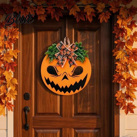Outdoor Wall Art for Halloween Spooky Pumpkin Front Door Sign Round Decorative Wreath Hanger with Indoor Seasonal Decor Bow Wooden Hanging