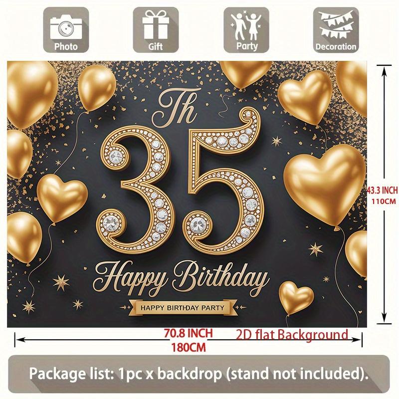 1pc Birthday 35th Glitter Balloon Elegant Hanging Banner Black Golden Polyester