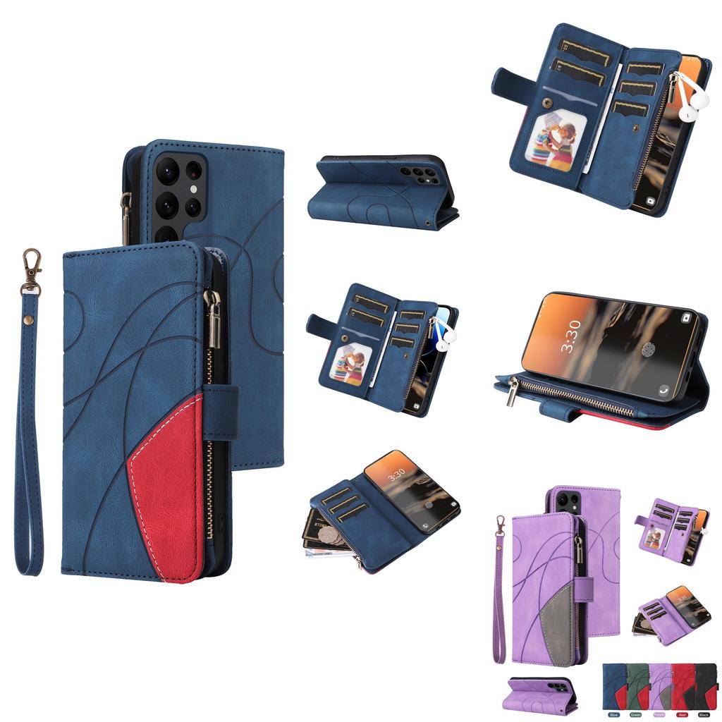 Stylish Dual-color Nine-card Zipper Case With Card Holder And Stand For Samsung A14