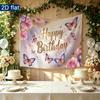 Birthday Floral Butterfly Party Backdrop, Polyester Banner for Wall Decor & Photo Props