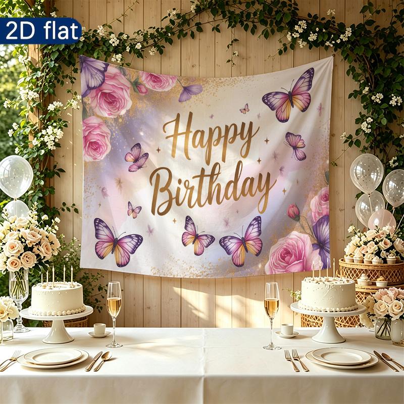 Birthday Floral Butterfly Party Backdrop, Polyester Banner for Wall Decor & Photo Props