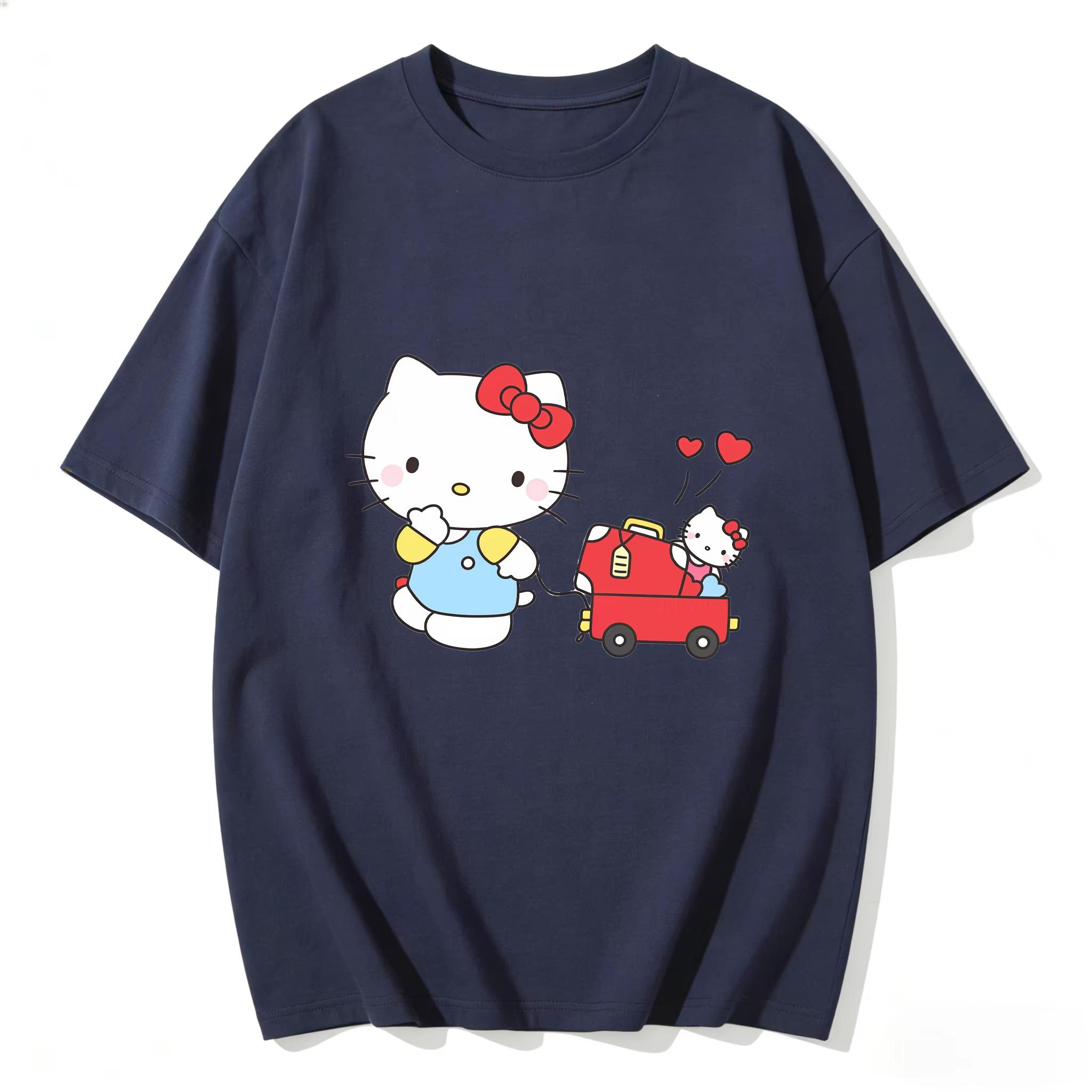 

2026 Hello Kitty Cartoon Pattern Womens Tshirt with Printed Design Shortsleeved Pure Cotton Comfortable and Casual Top S