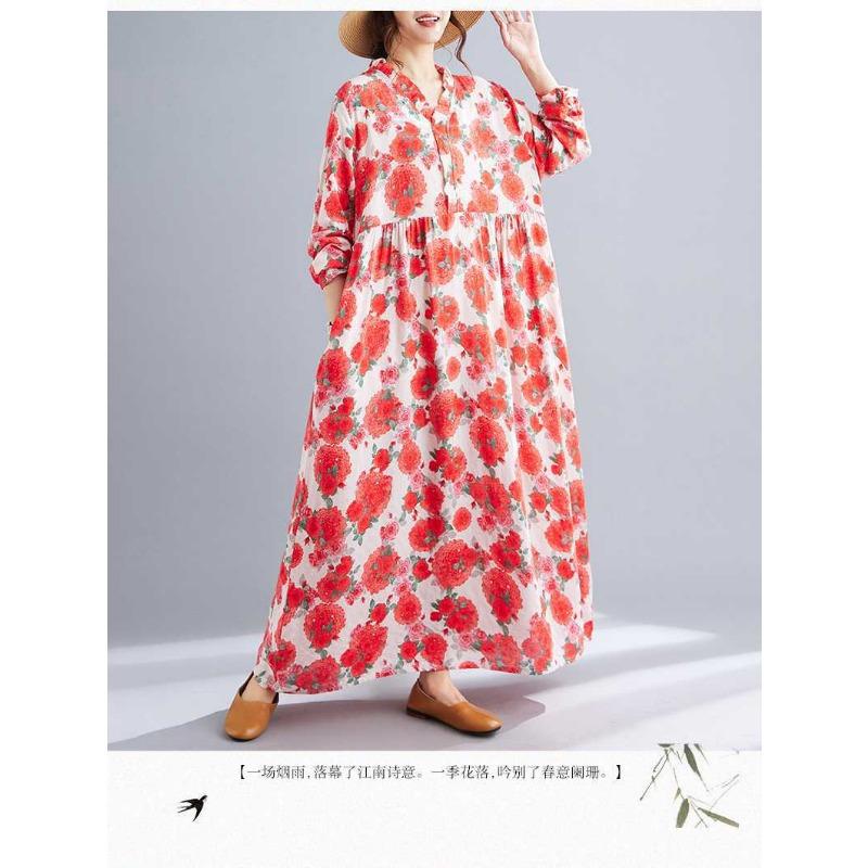 Neue Böhmische Vintage Bedruckte Locker Langarm Großer Schwung Lange Kleider