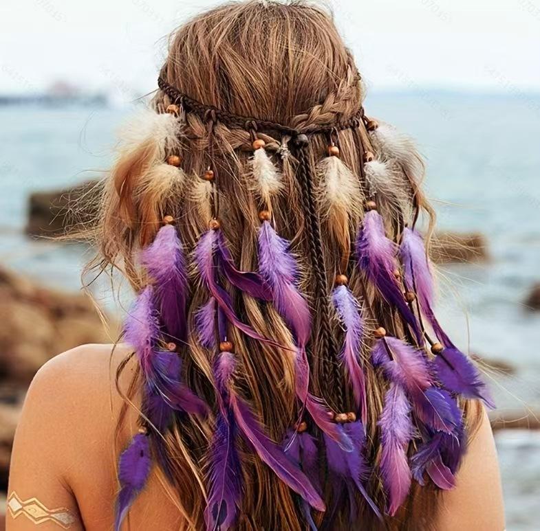 

Gypsy Indian Headdress Bohemian Vintage Blue Feather Tassel Headband Adjustable Hair Accessories For Women Vacation Jewelry фиолетовый