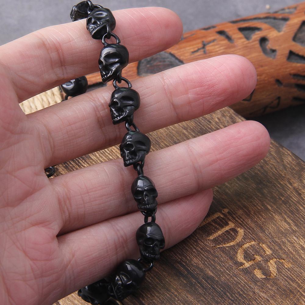 Gun Black Vintage Stainless Steel Skull Beaded Bracelet for Men Gothic Gift Wooden Box Packing
