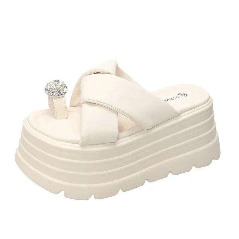 Fashion 8CM Embed Rhinestones Heels Wedge Slides Sandals Women Casual Outdoor Slippers Female Summer Beach Slipper Walking Chunky Shoes