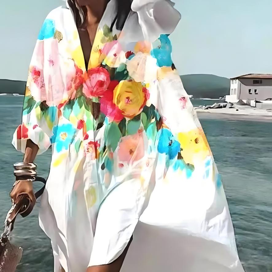 Jarní a letní móda Dámské volné ležérní šaty s dlouhým rukávem Elegantní dámské ležérní bílé šaty s potiskem, klopou a jednořadým zapínáním