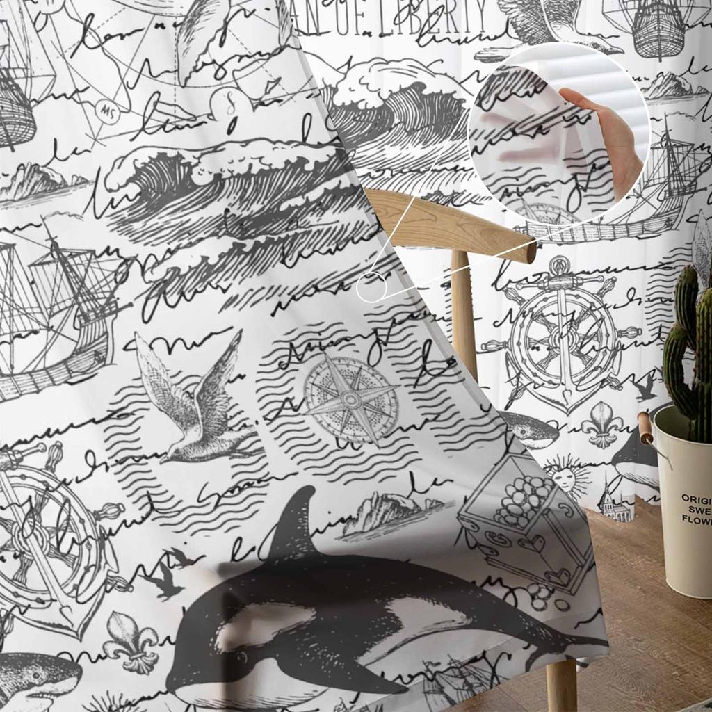 Ocean Summer Vintage Dolphin Window Tulle Curtains for Living Room Bedroom Hotel Luxury Decoration Sheer Curtains