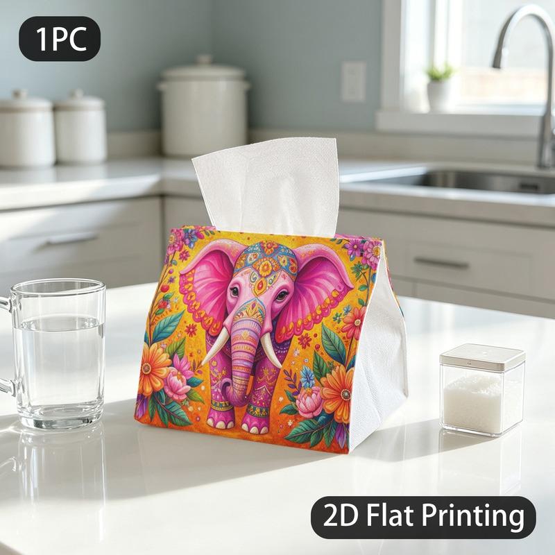 1pc Tissue Box, Indian Folk Decorated Elephant Floral Joy Pattern, 2D Flat Printing, Multi-Use, Foldable, Napkin Dispenser, for Kitchen Counters