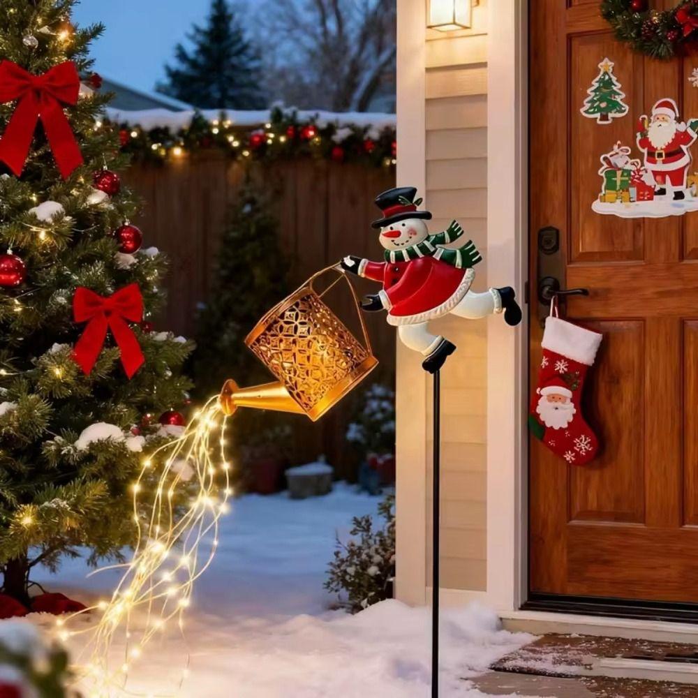Watering Can Solar Snowman Lights Weather Resistant Solar Powered Christmas Patio Decorations LED Light Outdoor Metal Crafts