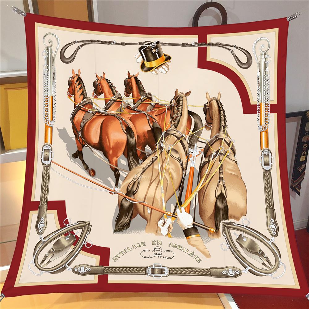 Silk Scarf Women Horse Printed Square Scarves Head Echarpes Silk Foulards Femme Wraps Beach Shawls Bandana Lady Hijabs 90CM