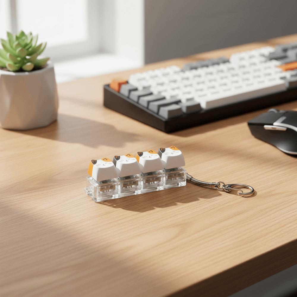 Cute Cat Keyboard Fidget Toy 4 Keys Mechanical Keyboard Keychain Gifts for Kitten Fans