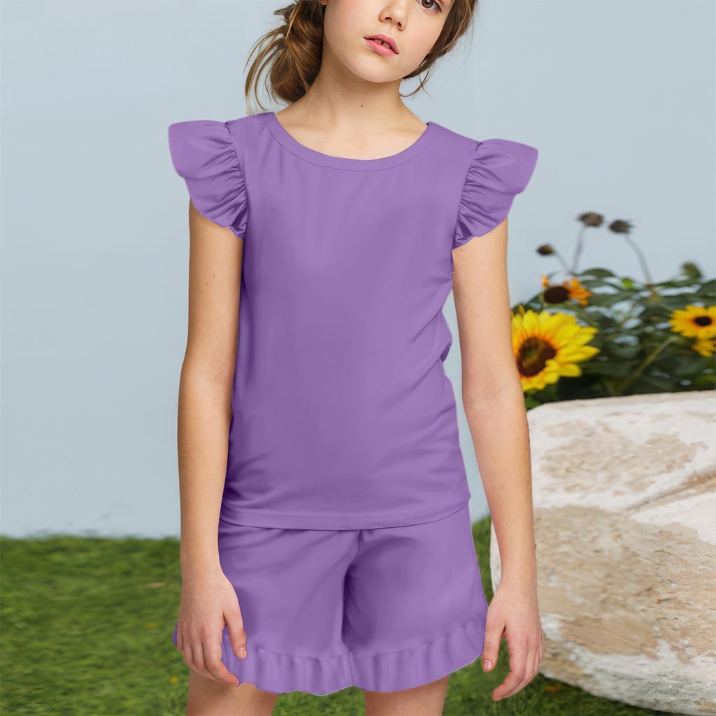 Summer Girls Cute Suit Flying Sleeves T-shirt Top + Ruffled Shorts Daily Outdoor Wear Cute Casual Fashion 2-Piece Set