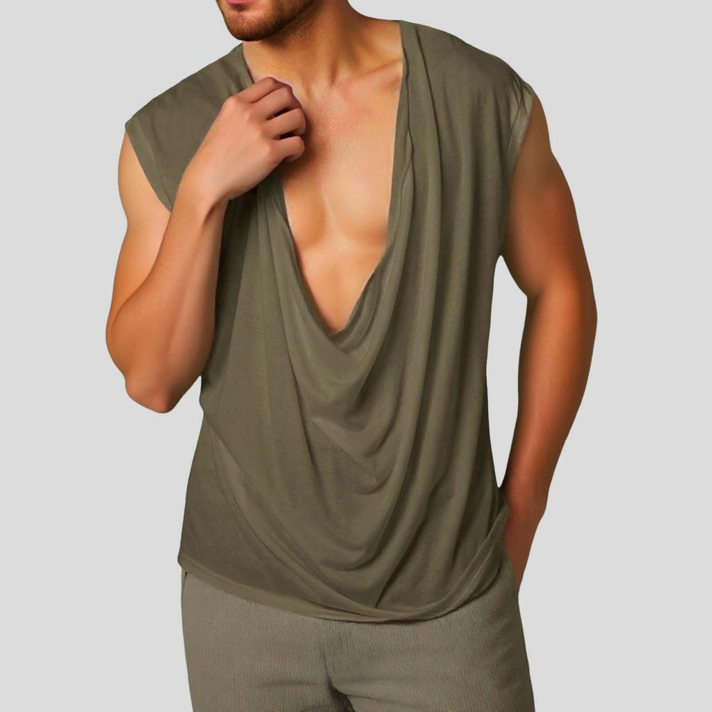 Men's Sleeveless Color Sports V-neck Base Shirt, Swing Neck Vest
