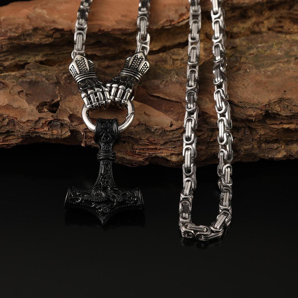 Popular Viking Fist Hammer Pendant Necklace with King Chain - Retro and Bold Design