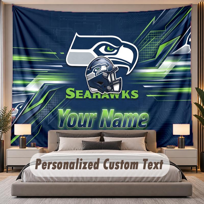 Custom Name Text Tapestry Seattle Seahawks Personalized Polyester Wall Tapestry For Bedroom And Room