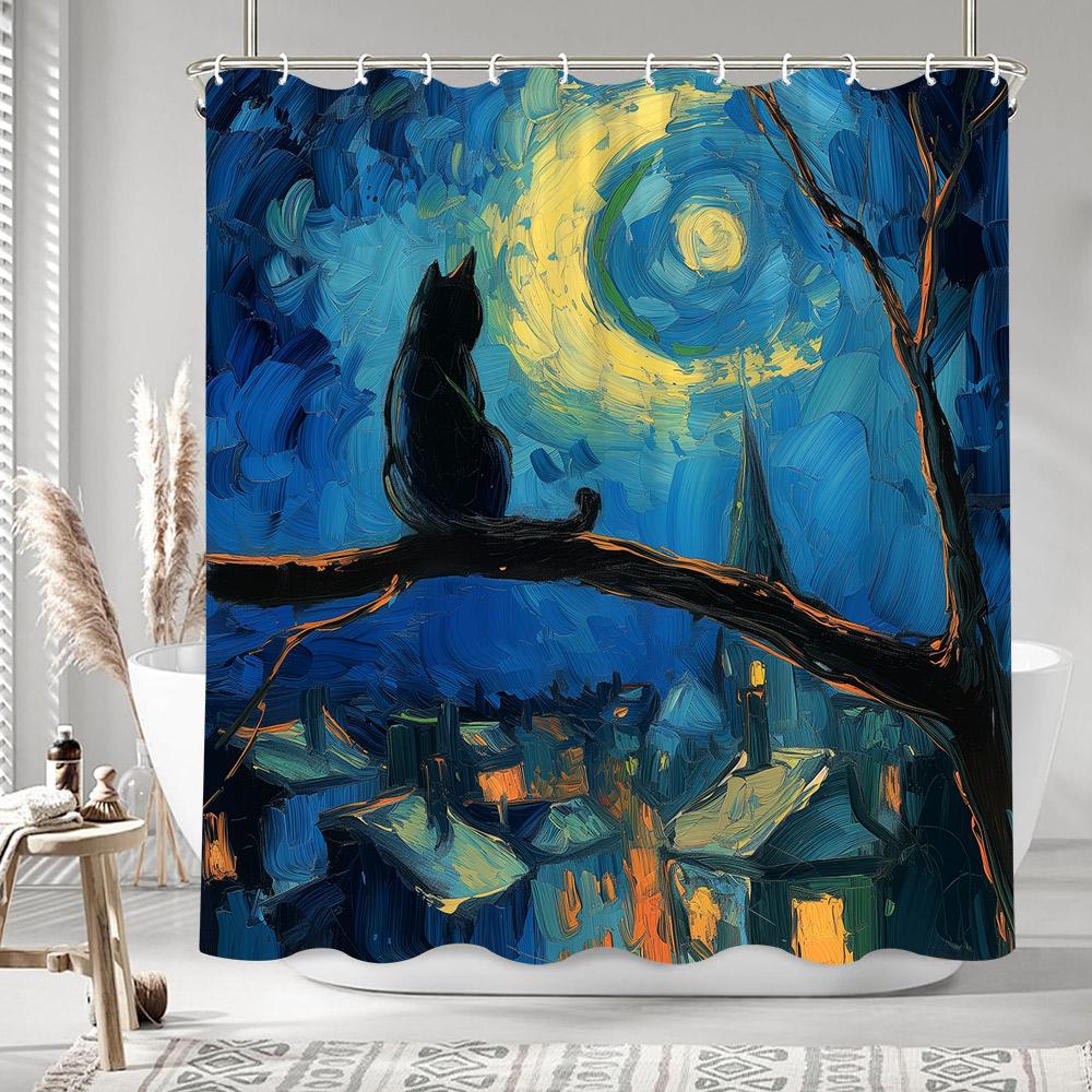 Schwarze Katze Ölmalerei Kunstwerk Duschvorhang Bohemian Sandfarben Bunt Bemalt Polyester Badezimmer Vorhänge Badezimmer Dekor mit Haken