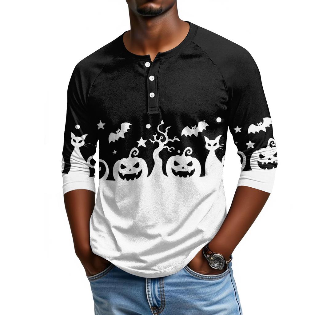 Men Casual Halloween Print Henley Shirt Raglan Three Quarter Sleeve Top Lightweight Comfortable Fabric