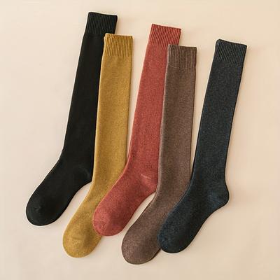 5 Pares Calcetines Simples Sólidos de Media Caña, Cómodos Calcetines Altos hasta la Rodilla para Combinar con Todo, Medias y Calcetines de Mujer