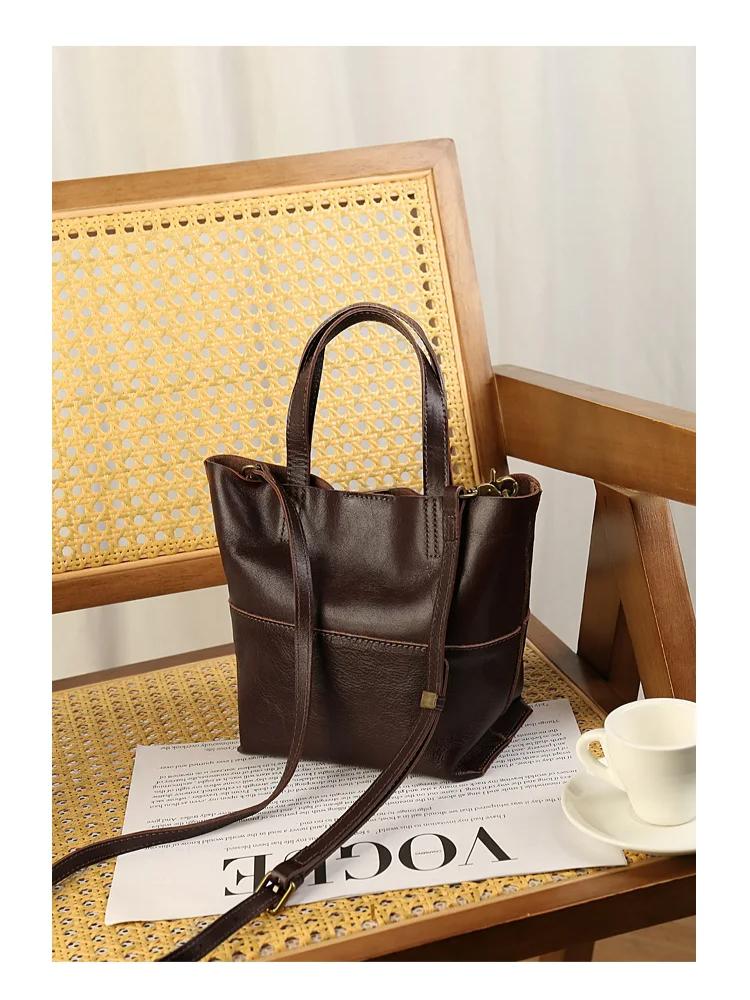 Johnature Large Capacity Lazy Style Simple Soft Cowhide Handbag Genuine Leather Tote Bag Versatile Shoulder Bag