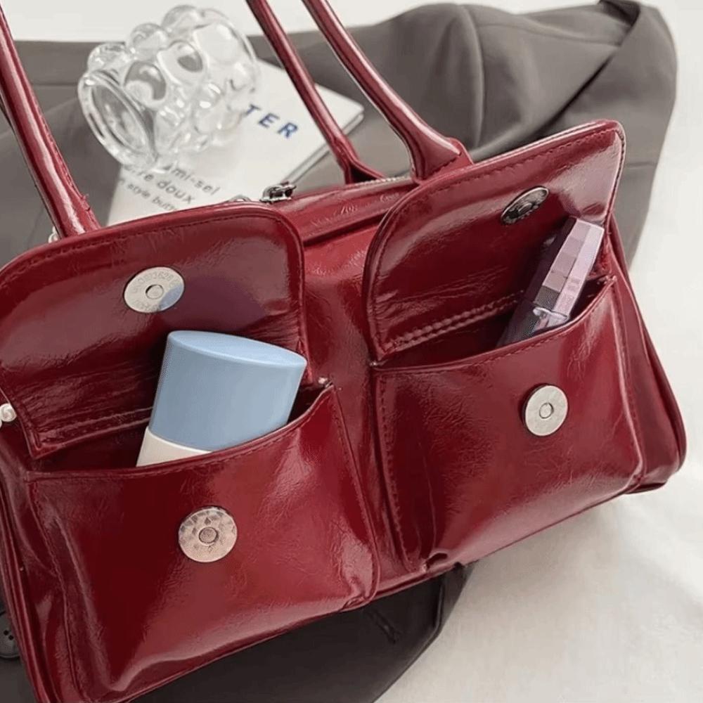 Solid Color Pocket Boston Tote Bag Korean Style Underarm Bag Temperament PU Bowling Bag  Travel