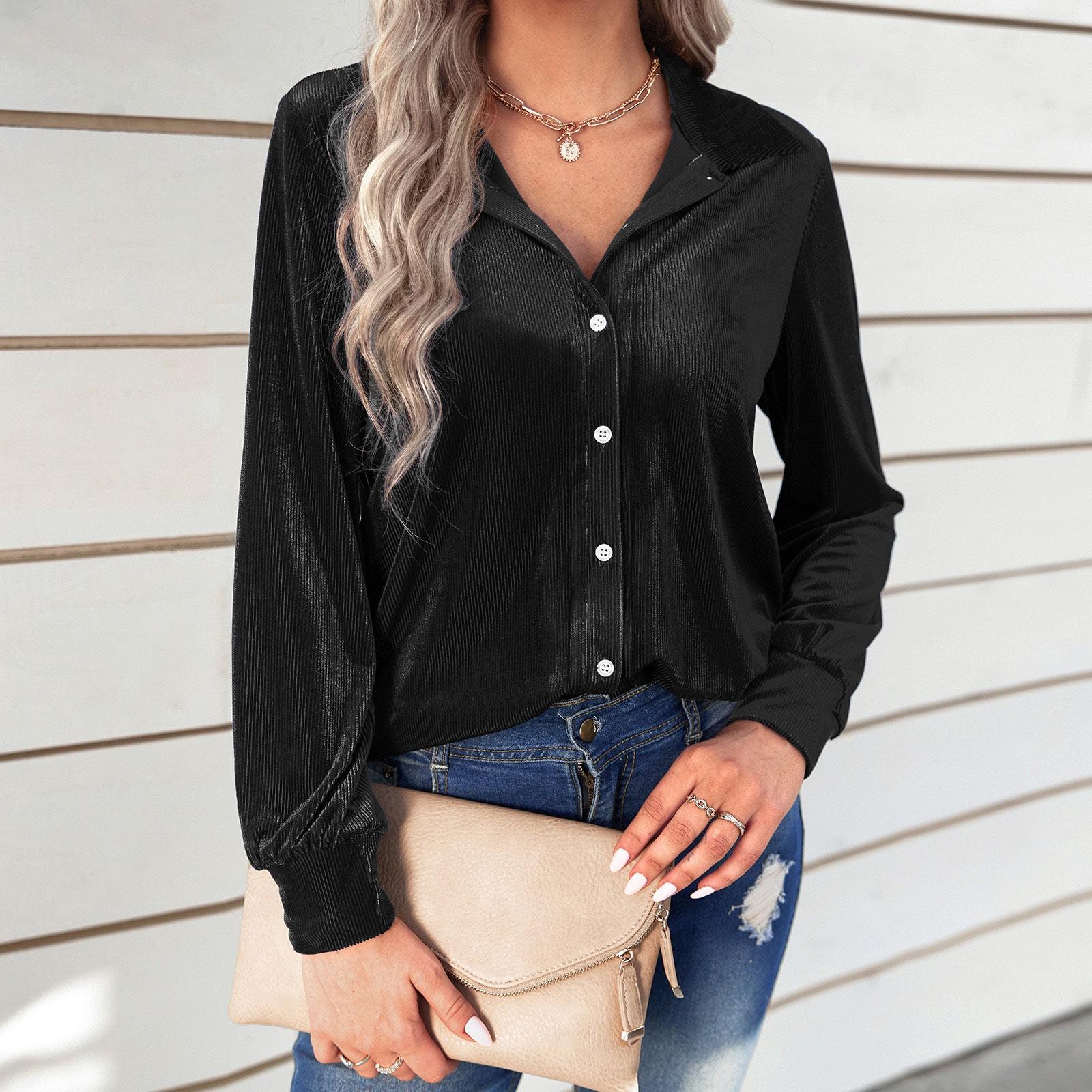 Women s Casual Loose Fashion Velvet Striped Shirt Loose Thin Shirt M чёрный