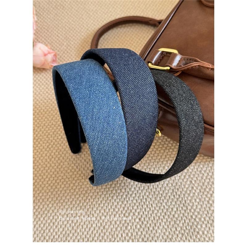 Retro Denim Blue Wide Headband Women High Cranial Top Face Washing Anti Slip Hair Hoop Daily Hair Accessories