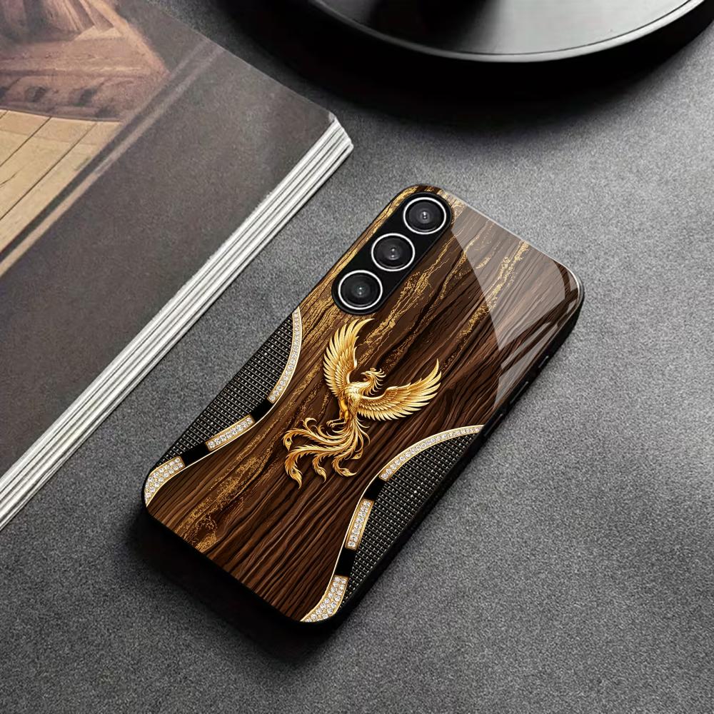Wood Grain Golden Phoenix phone case glass s26 ultra case s25 ultra case for Samsung Galaxy S26 S25 S24 S23 S22 FE Ultra Plus