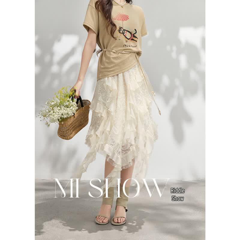 Mishow Romantic Lace Chiffon Midi Skirt M