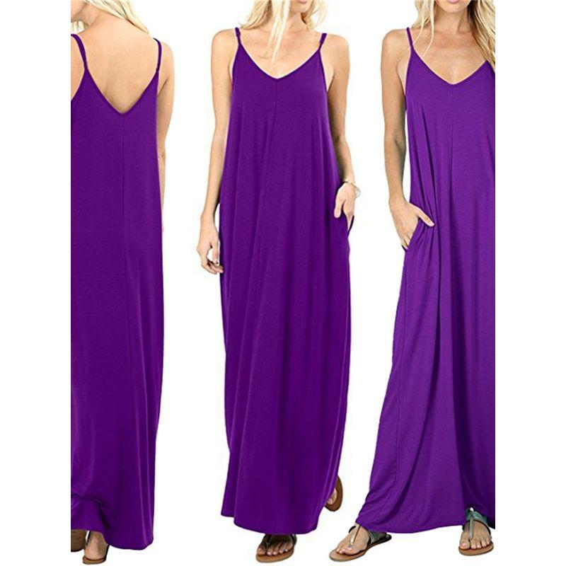 Women's Solid Color Loose Pocket Long Skirt Pure Color Loose Pockets Long Dress
