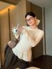 Song Zheng'en Women's Apricot Lace Trim Slim Fit Long Sleeve Ruffle T-shirt, Winter 2025