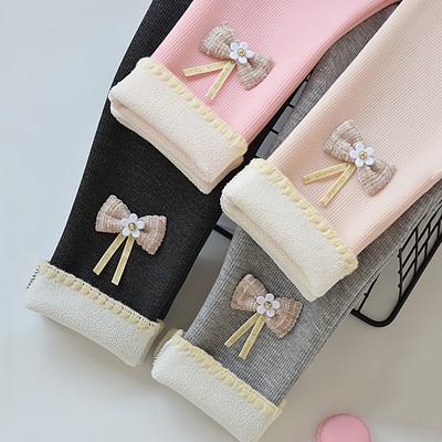 Girls Fleece Bottoming Pants Winter Autumn Thick Plus Velvet Warm Trousers Kids Fashion Bow Pants Children Clothes