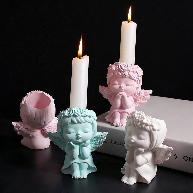 Prayer Angel Girl Flower Pot Mold Cheek-Resting Wreath Angel Prayer Flower Fairy Candlestick Plaster Silicone Mold