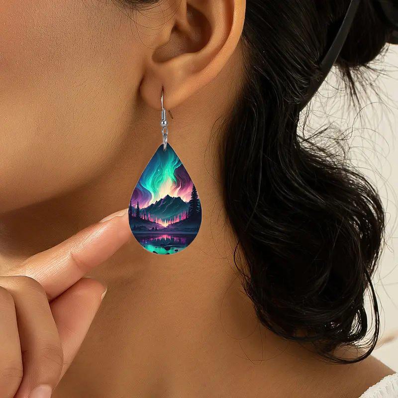 Colorful Aurora & Ocean Sunrise Pattern PU Faux Leather Earrings Women's Fashion Water Drop Dangle Earrings