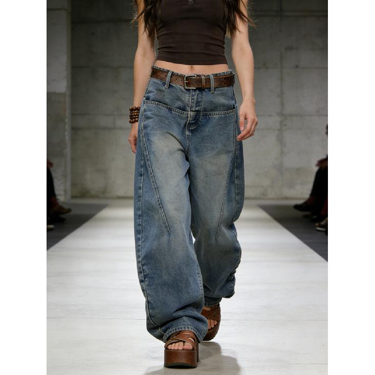 

American retro distressed curved hem jeans for women, bohemian style high-waisted loose wide-leg banana pants Asian XXL