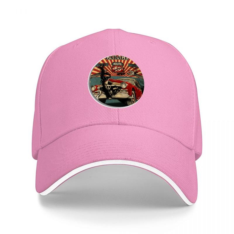 Casquette de baseball rétro avec motif hot rod vintage et soleil sur fond noir, ajustable, unisexe et femme.