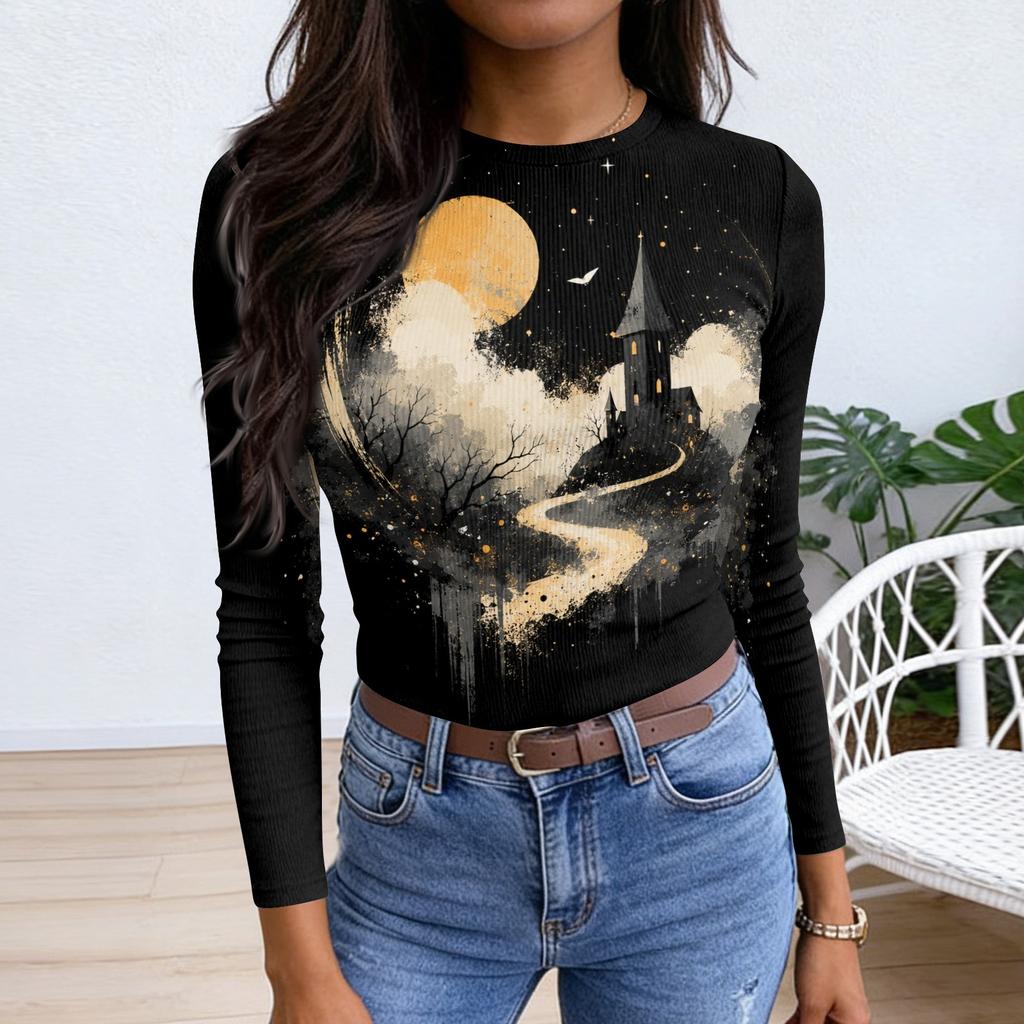 Womens Long Sleeve Halloween Print Fitted Crew Neck Base Layer T Shirt Slim Fit Stretchy Top for Casual Wear