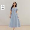 INMAN French Puff Sleeve Square Neck A-Line Dress