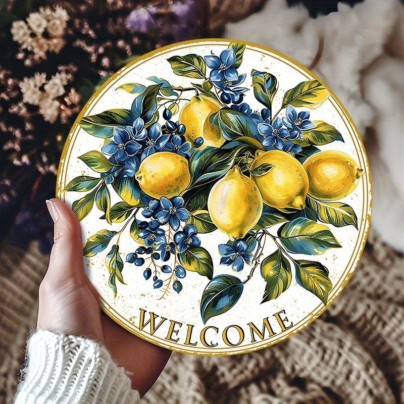 1 PCS 2D Wooden Hanging Sign Vintage Lemon Welcome Sign Theme 8 Inch Round Sign Home Bar Garage Cafe Garden Decoration