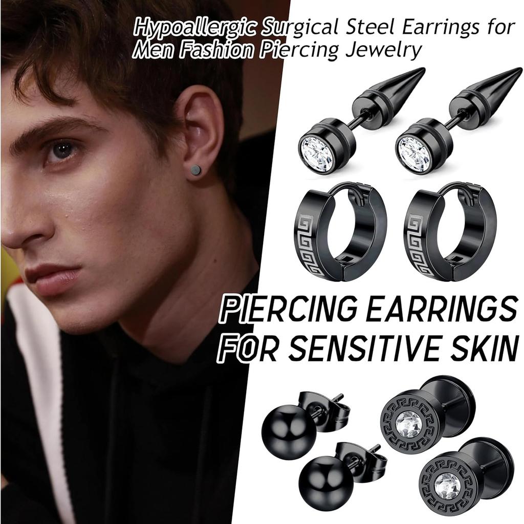Bobiaty 15Pairs Stainless Steel Stud Earrings for Men Women Goth Hypoallergenic Zirconia Hoop Dangle Earrings Set Halloween