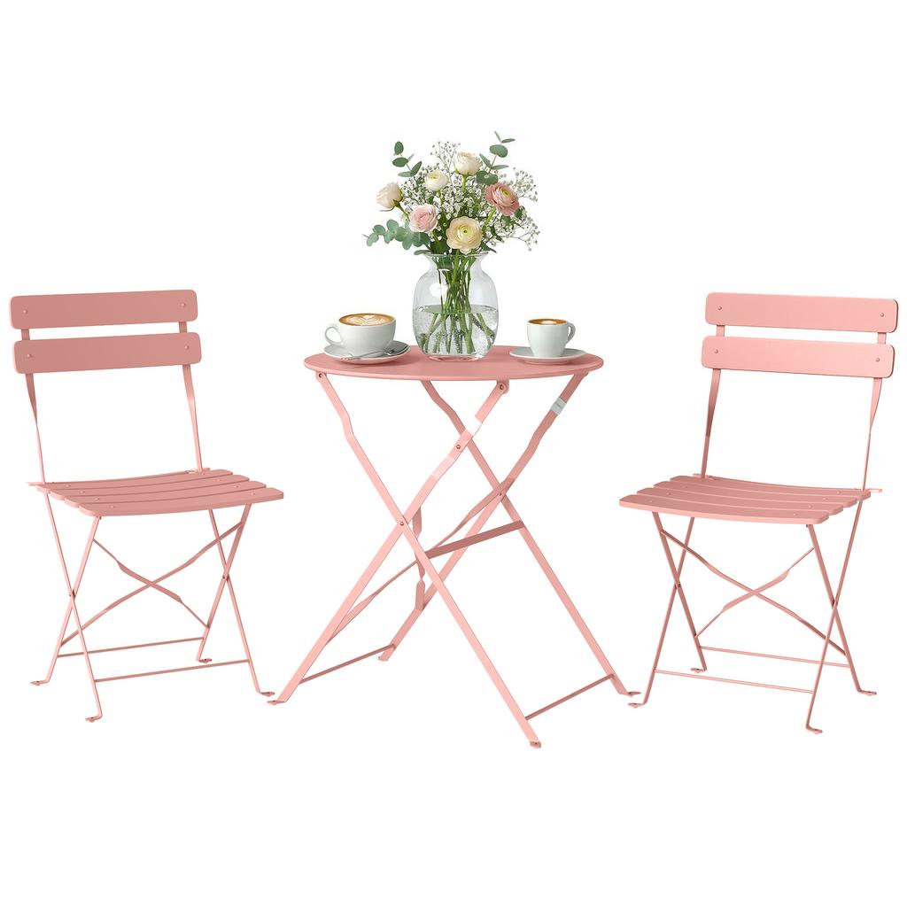 Garden Bistro Set 3 Pieces Table and 2 Folding Slatted Chairs Double Rust Protection Pink