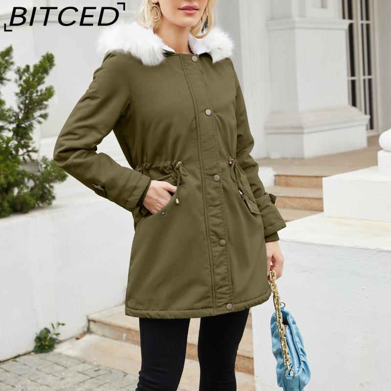 BITCED Autumn/Winter Detachable Fur Collar Women's Parka Long-Sleeved Hooded Cotton Coat Fleece Overcoat