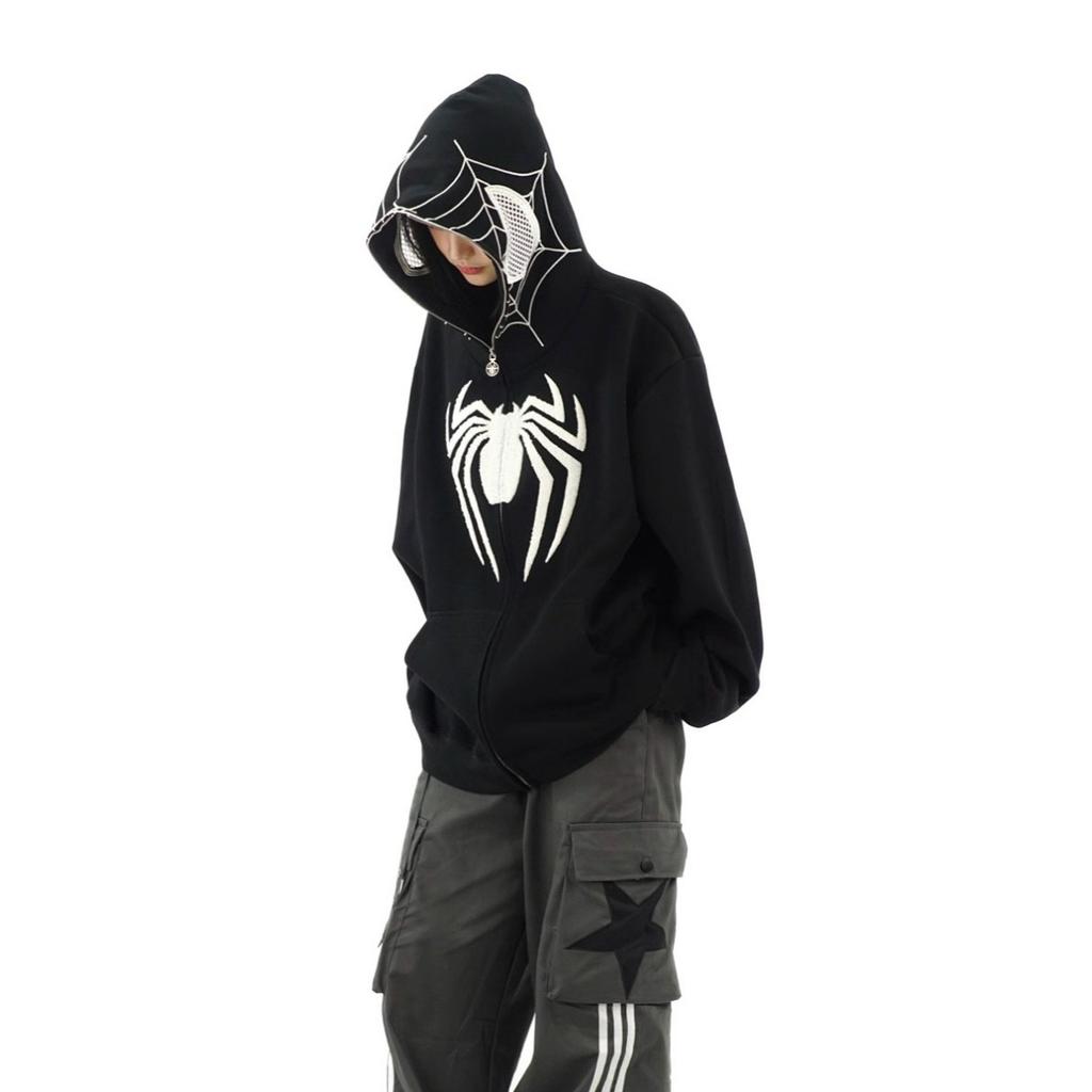 Women Men American Retro Spider Hooded Sweater Zipper Cardigan Loose Jacket