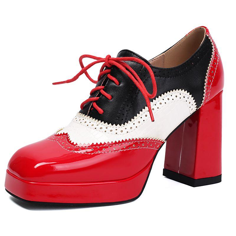 

Блестящие Модные Женские Туфли-Лодочки с Квадратным Носком и Массивным Каблуком 9,5 см, Платформа 2 см, На Шнуровке, Смешанный Цвет, 44 45 46 47 48, Обувь для Свиданий 42 красный