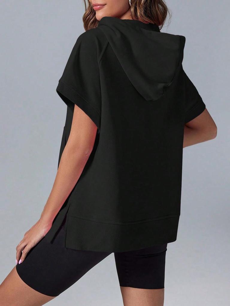 Women's Oversized Half Zip Hoodie Short Sleeve Pullover Sweatshirt Top with Pockets
